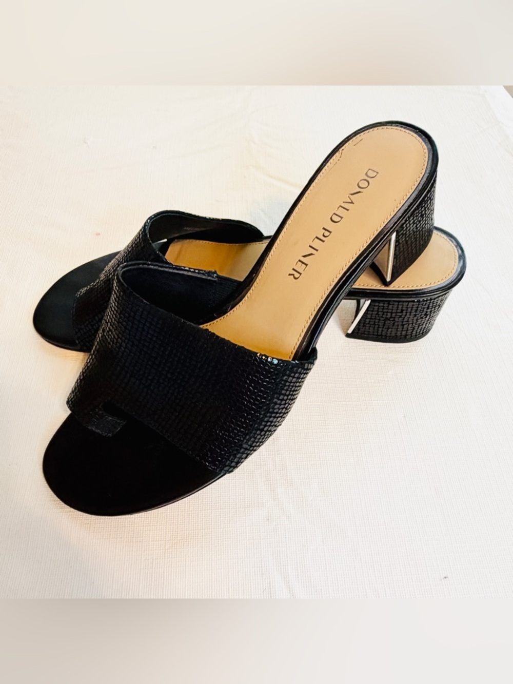 Donald J Pliner Black Textured Slide Mules with Sculpted Heel
